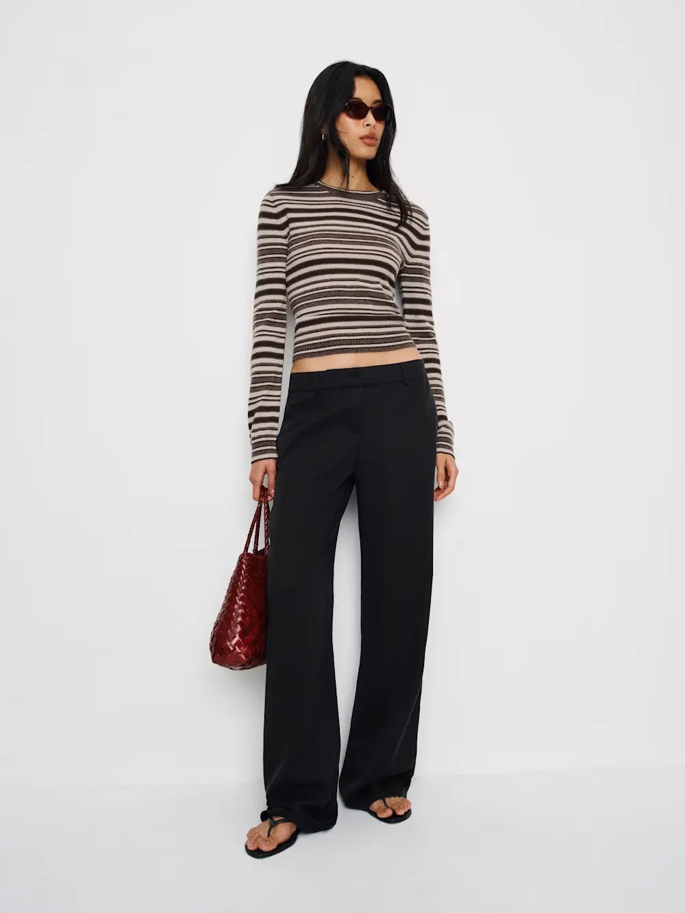 Reformation Cashmere Striped Crewneck Sweater in Taupe and Dark Brown